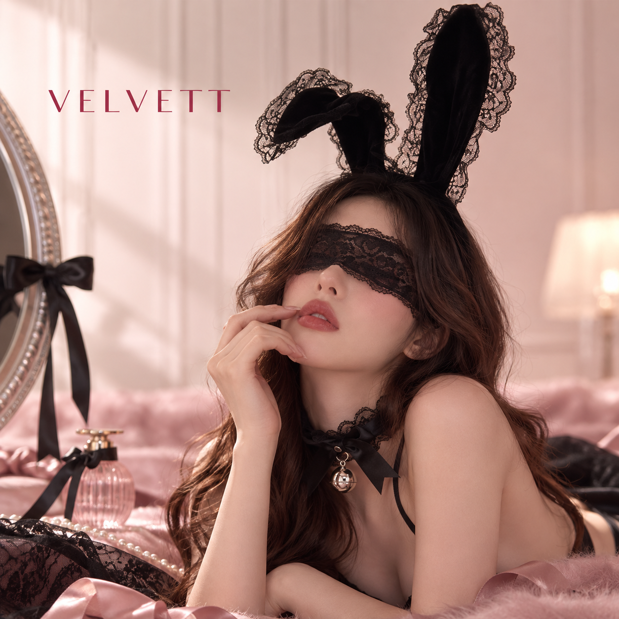 Black Bunny Ear Headband with Lace Eye Mask
