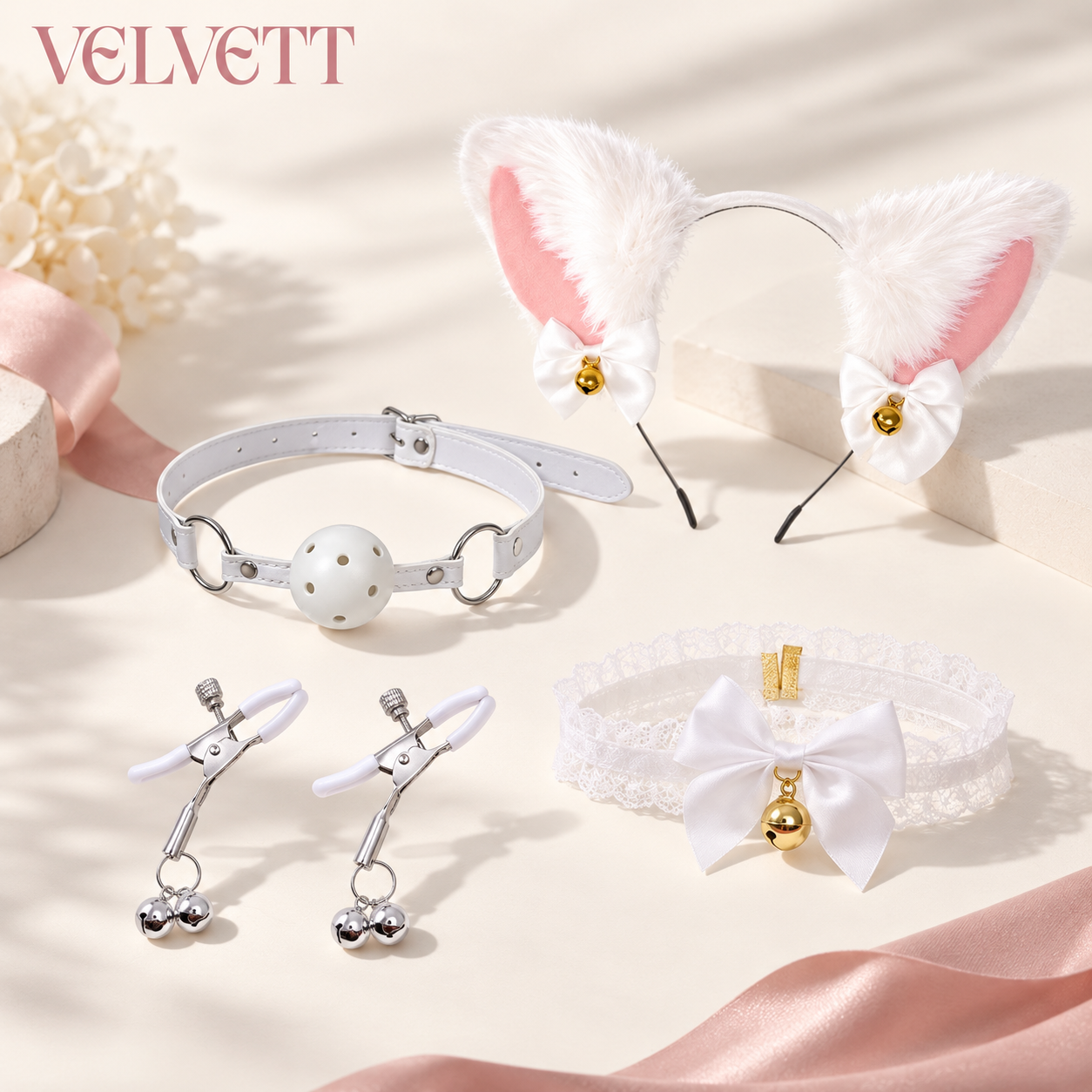 White Lace 5-Piece Set with Silver Bell Clips
